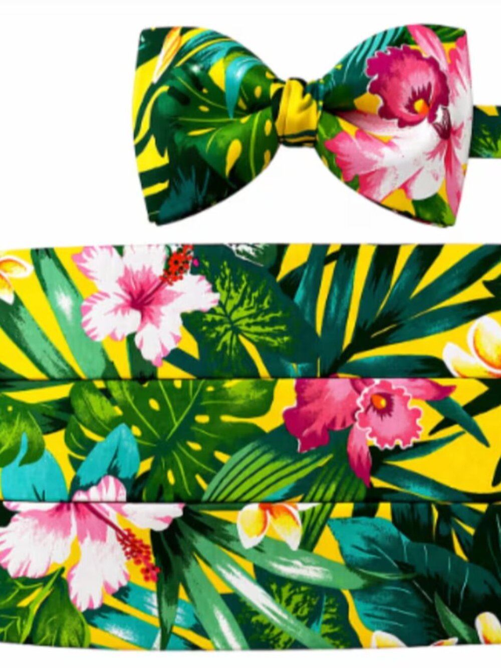 Yellow and Green Hawaiian Floral Cummerbund and Bow Tie